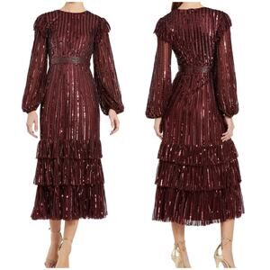 Mac Duggal NWT Red Long Sleeve Ruffle Detail Sequin Midi Dress Size 6 High Neck